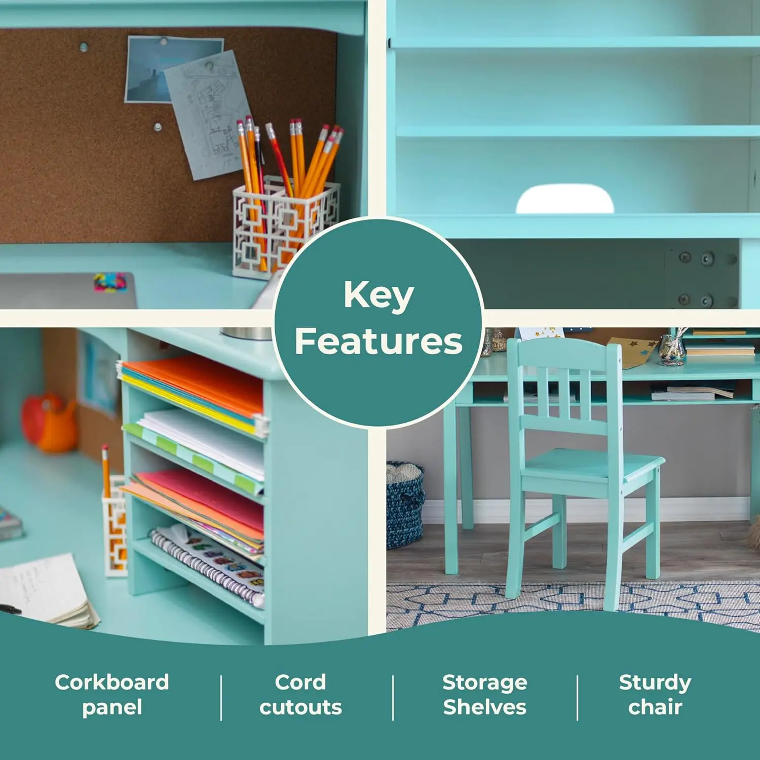 مكتب وسائط للأطفال، مجموعة القفص والكرسي - أزرق مخضر: مكتب دراسة الطالب مع مساحة تخزين، محطة عمل الكمبيوتر |   أثاث غرف النوم الخشبية
