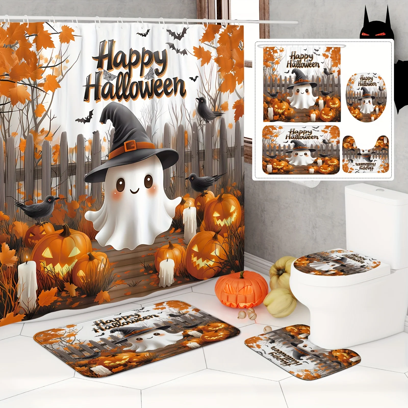 

Набор занавесок для душа «Призрак тыква» на Хэллоуин с нескользящим ковриком и чехлом для унитаза, полиэстеровый водонепроницаемый всесезонный декор на тему ужасов