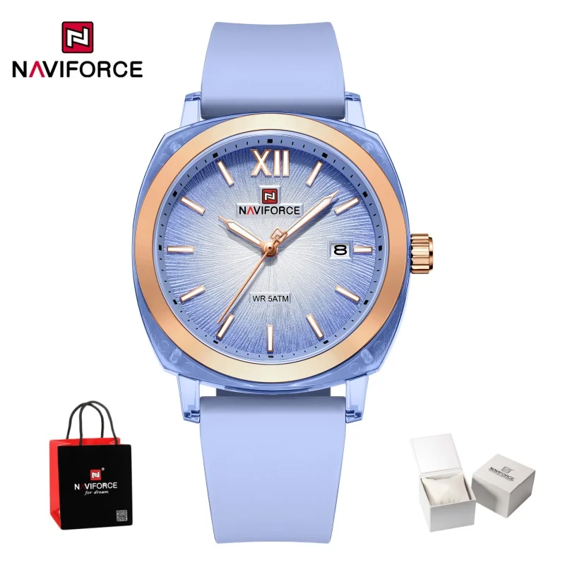 NAVIFORCE Simple Fashion Elegant Ladies Quartz Calendar Watches 5ATM Waterproof Silicone Strap Sports Women Wristwatch Gifts Box