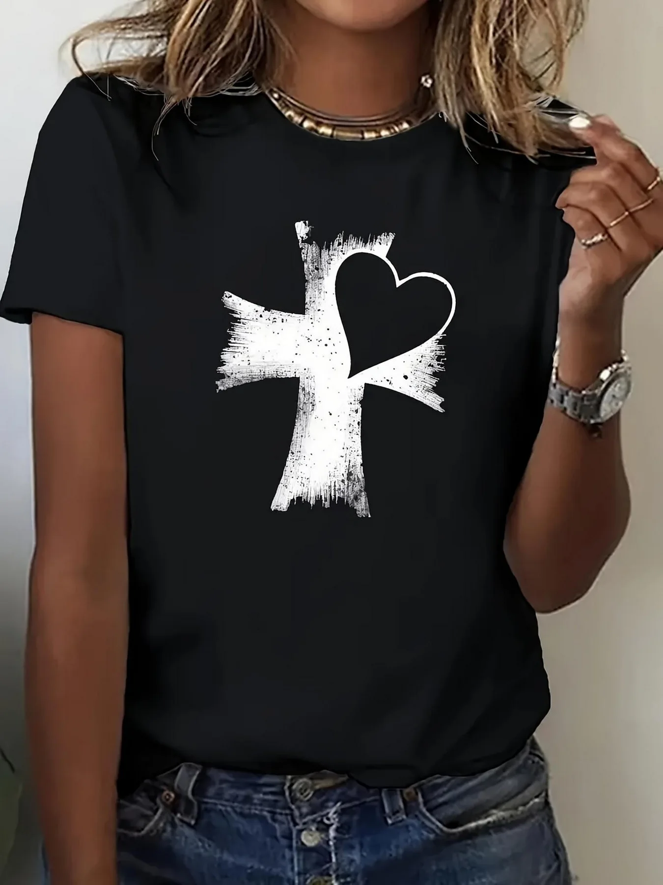 

Women T-shirt Heart & Weathered Cross Graphic Print Casual Short Sleeve Crew Neck Tee shirt For Spring Summer