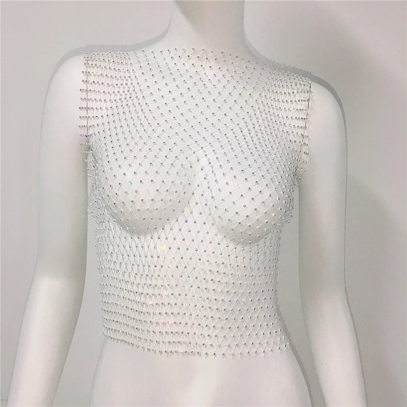 Y2K Tops & Tees: Sexy Mesh Crop Tops für Damen – Sommer 2026 Strass-Mode Party Durchsichtige Fishnet Hollow Out Tanktops – Detail 8