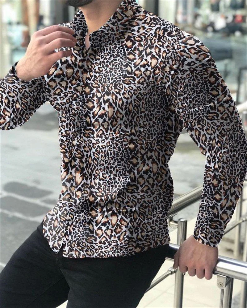 Fashion Luxury Men\'s Shirt Leopard Print 3D Print Long Sleeve Social Shirt Lapel Oversized Top T-Shirt Men Autumn Clothing