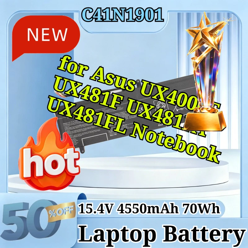 C41N1901 15.4V 4550mAh 70Wh Li-Polymer Replacement Laptop Battery for Asus UX4000F UX481F UX481FA UX481FL Notebook High Capacity
