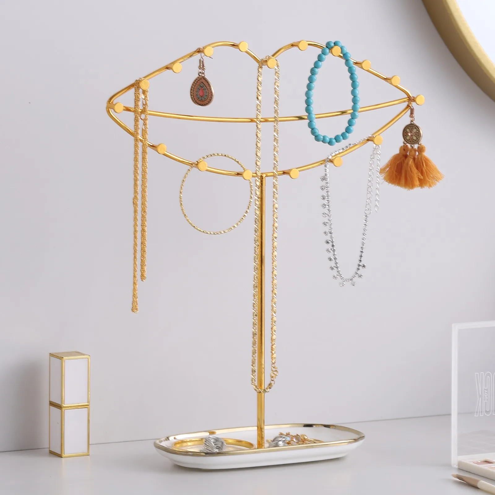

Gold Jewelry Holder Stand with Ceramic Base Standing Earring Display Small Jewelry Tree for Earrings Necklaces Bracelets