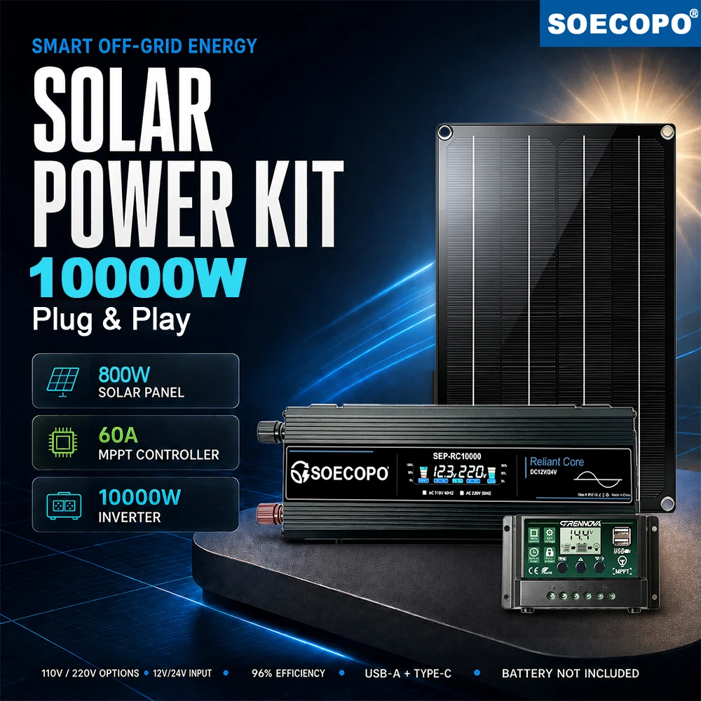Home Essentials Solar Panel Kit 800W 10000W Power Inverter 60A MPPT Controller 12V 24V to 110V 220V for TV Router Fan Backup Use