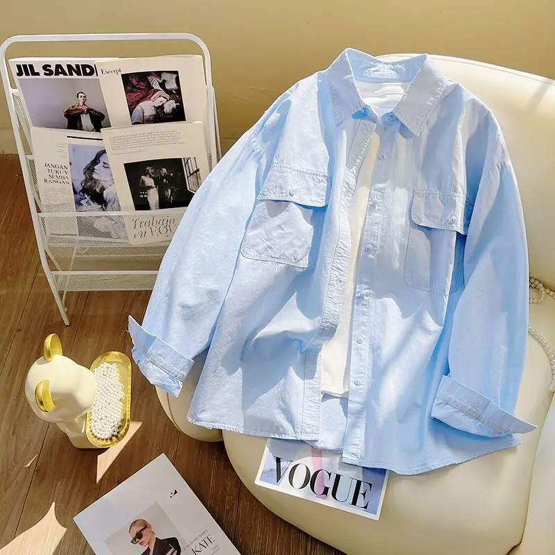 

high quality Comfortable Cotton Shirts long sleeve Jacket French Style Double Pocket Solid POLO neck Oversize Elegant Sexy Women