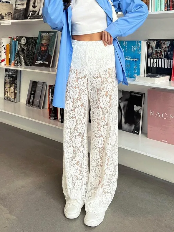 

Perspective Lace Sexy Wide Leg Pants, New Style For Spring/Summer 2024, Spicy Girl Instagram Style Hollowed Out Women's Clothing