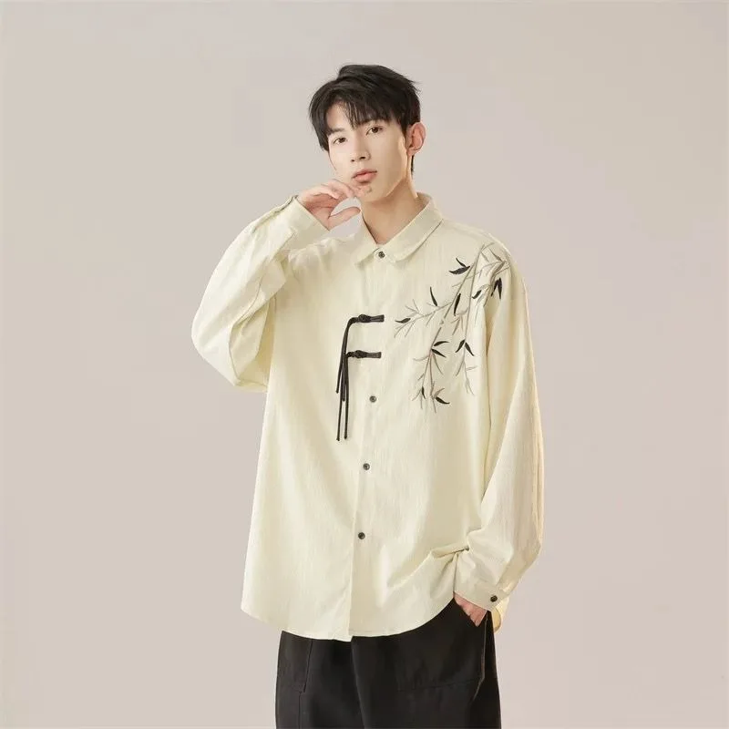 Chinese Style Green Bamboo Embroidered Long-sleeved Shirt for Boys New Chinese Style Autumn New Retro Button Splicing Cardigan
