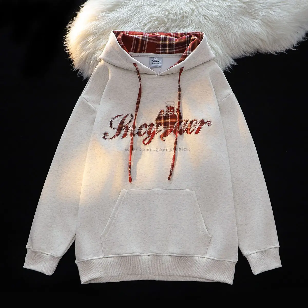 Hoodies Women American Style Street Plaid Contrast Color Pullover Hooded Sweatshirts Couple All-match Hipster Design Embroidery