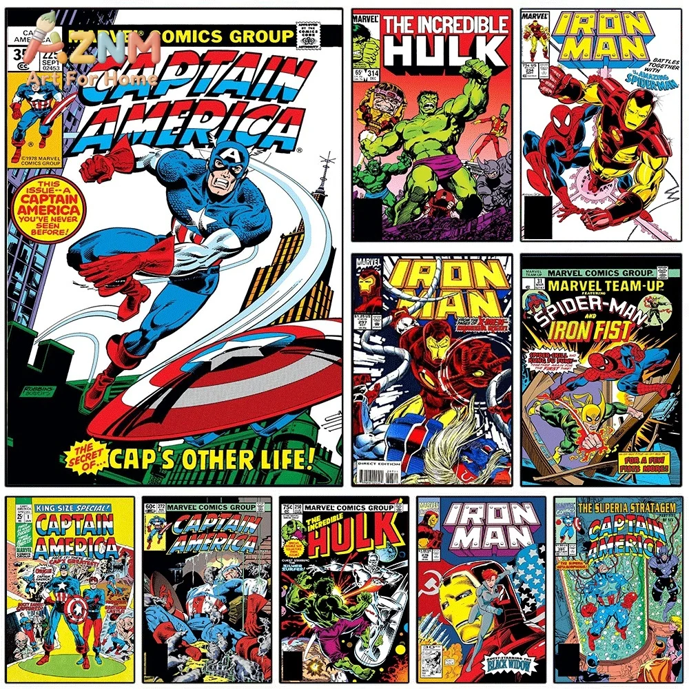 Captain America Vintage Comic Cover Canvas Wall Art Classic Superhero Print Poster, Unframed Canvas Picture for Boys Bedroom G