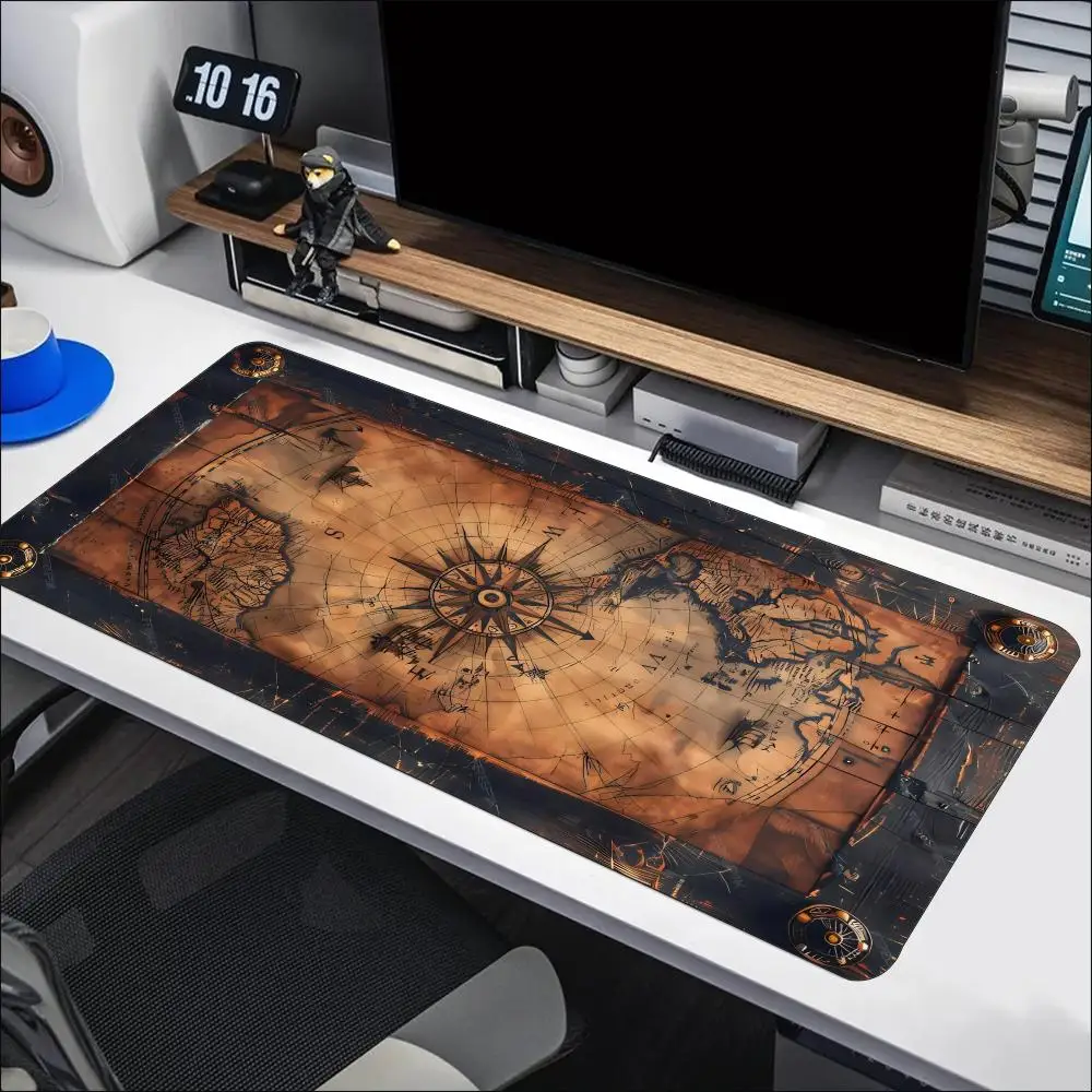 Vintage Nautical Map Compass Large Mouse Pad Non Slip Rubber Desk Mat Stitched Edge For Computer Laptop Home Office Gaming Decor
