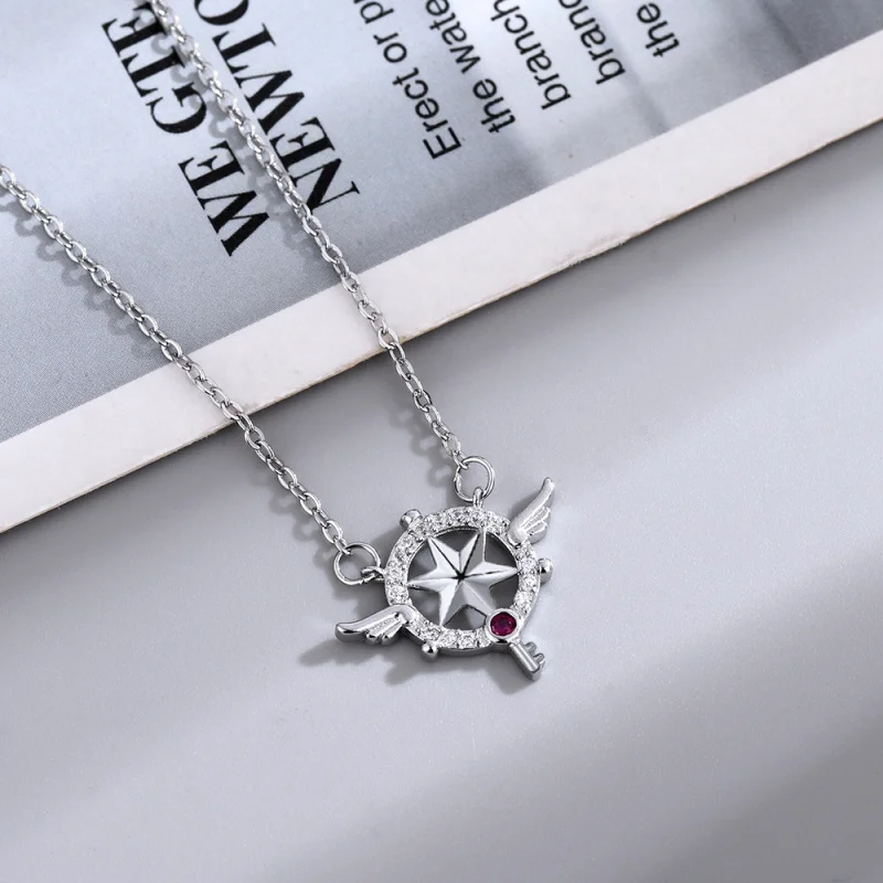 Angel Wing Star Key Pendant Necklace Pave Halo Cubic Zirconia Inspirational Clavicle Jewelry For Women Teen Girls Gift