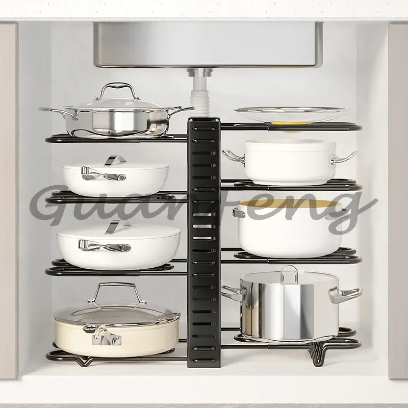 Adjustable Multi-Layer Pot Pan Storage Organizer, Kitchen Cabinet Rack for Pots, Pot Lids & Bowls