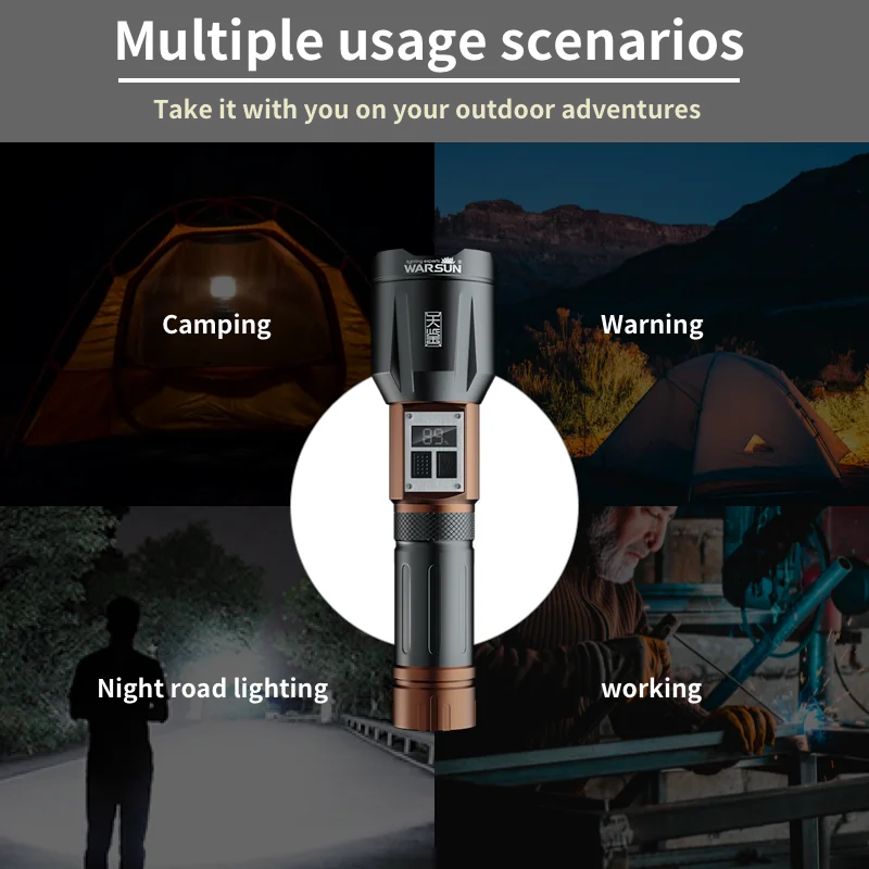 WARSUN G97 Multifunctional Zoom Outdoor Flashlight - 1500Lm, 4 Modes, IPX4 Waterproof, Rechargeable