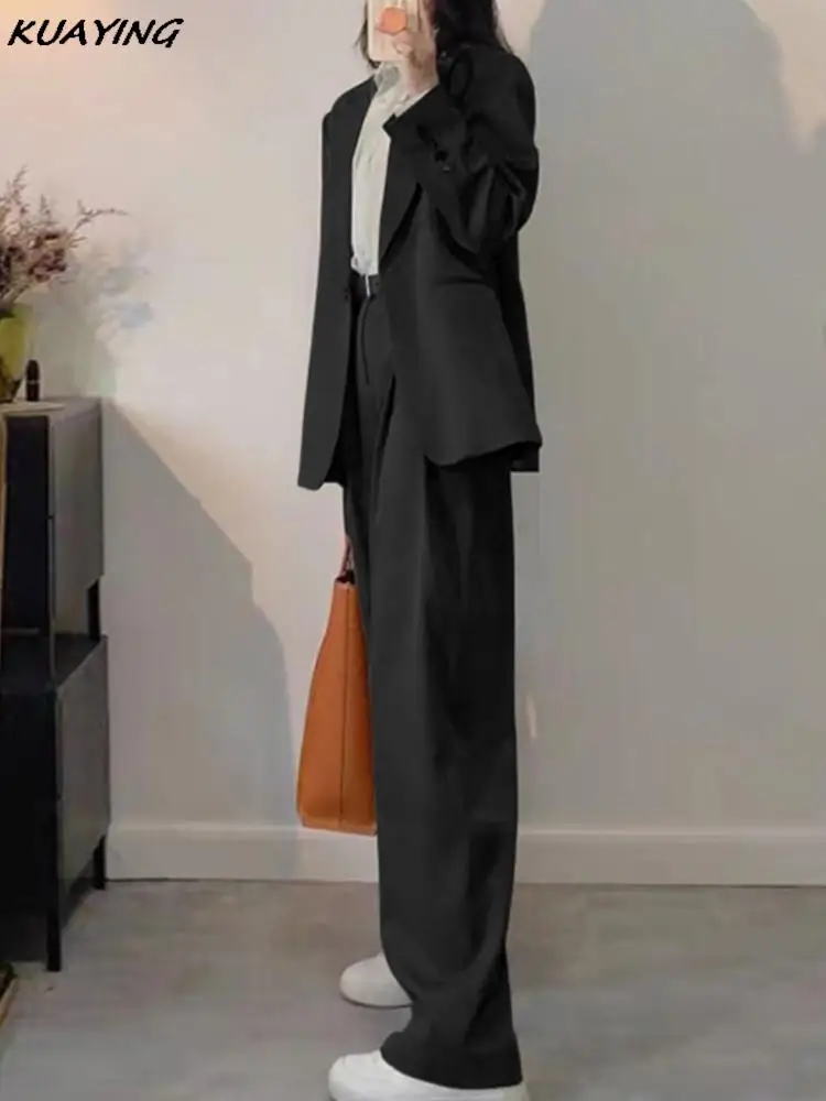 Woman Office Clothes Two Pieces Set Chic Casual Loose Business Blazer Wide Leg Pantsuit Fashion Korean Trousers Formal Suit