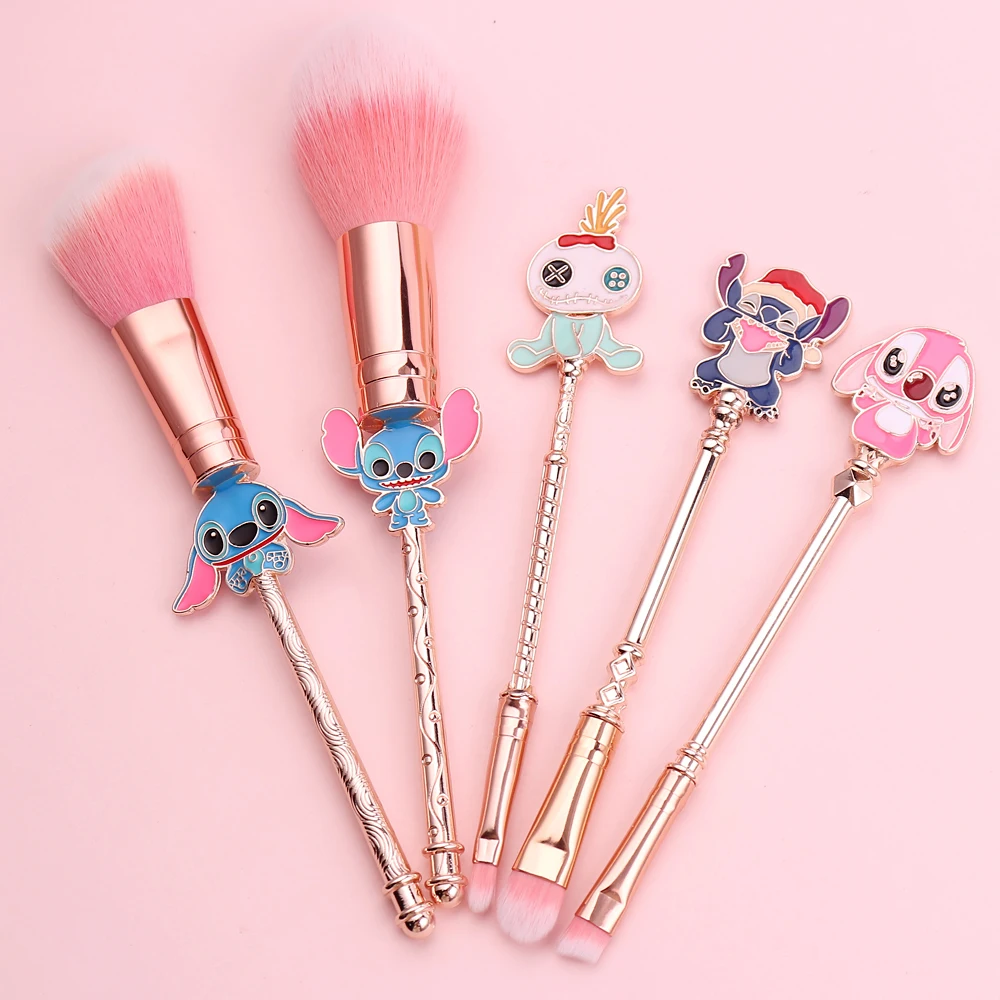 Juego de brochas de maquillaje de Stitch lindo de dibujos animados de Disney, brocha de fibra suave, dos colores para elegir