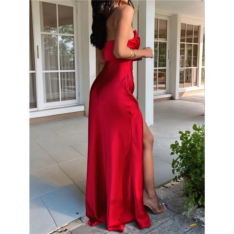 NUOVO-Abito da sera lungo formale aderente da donna elegante senza maniche con spalle scoperte