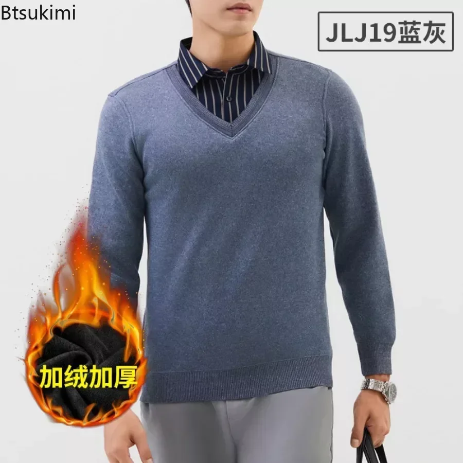 New Men's Winter Pullovers Turn-down Collar Button Solid Long Sleeve Shirts Sweater Fake Two Pieces Warm Bottoming Shirt for Men