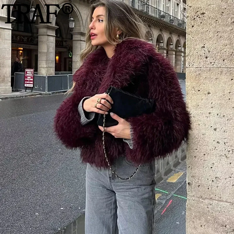 TRAF Soft Faux Fur Coat Women Fluffy Cropped Jackets For Women Warm Autumn Winter Coat Woman Fashion Long Sleeve New In Jackets