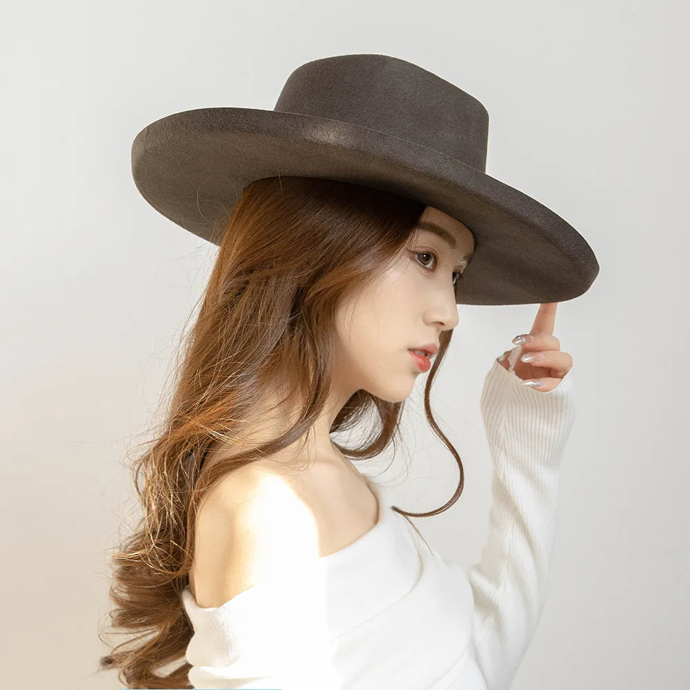 USPOP Chic Vintage Wide Brim Wool Fedora Hat Hand-Stitched Beaded Band, Retro Outdoor Warm Jazz Hat for Women & Men