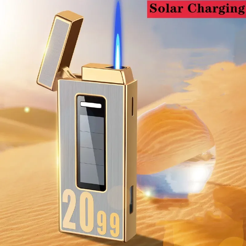 Solar Charging Touch Sensing Metal Lighter Windproof Refillable Butane Gas Cigarette Lighter Outdoor  Ignition Survival Tool