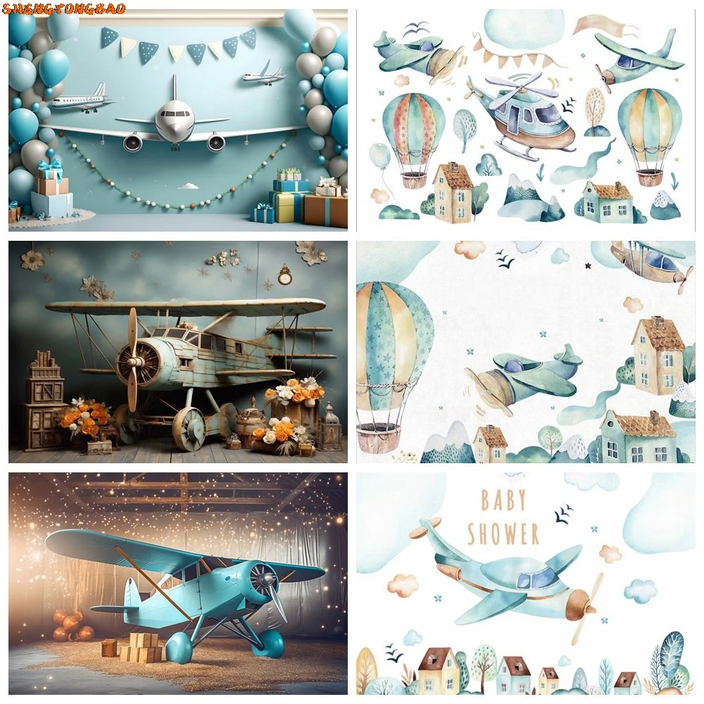

Aircraft Backdrop Cartoon Airplane Baby Shower 1st Birthday Party Kids Portrait Photography Background Decor Photo Studio Props