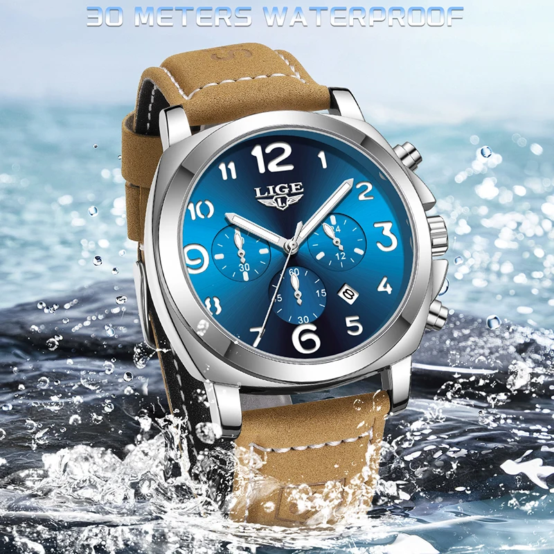 LIGE Casual Leather Watches For Men Top Brand Luxury Big Dial Watch Men Fashion Waterproof Luminous Date Chronograph Clock Male