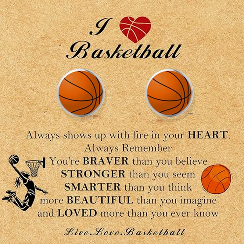Round Basketball Baseball Soccer Football Glass Stud Earrings With Inspirational Card Gift Sport Jewelry