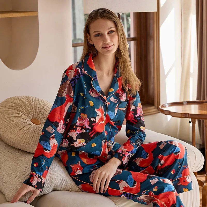 

Cartoon Fox Print Pajamas Women Long Sleeve Sleepwear cotton Pjs Set 2 Piece Nightwear Casual Homewear Loungewear 2026 Spring