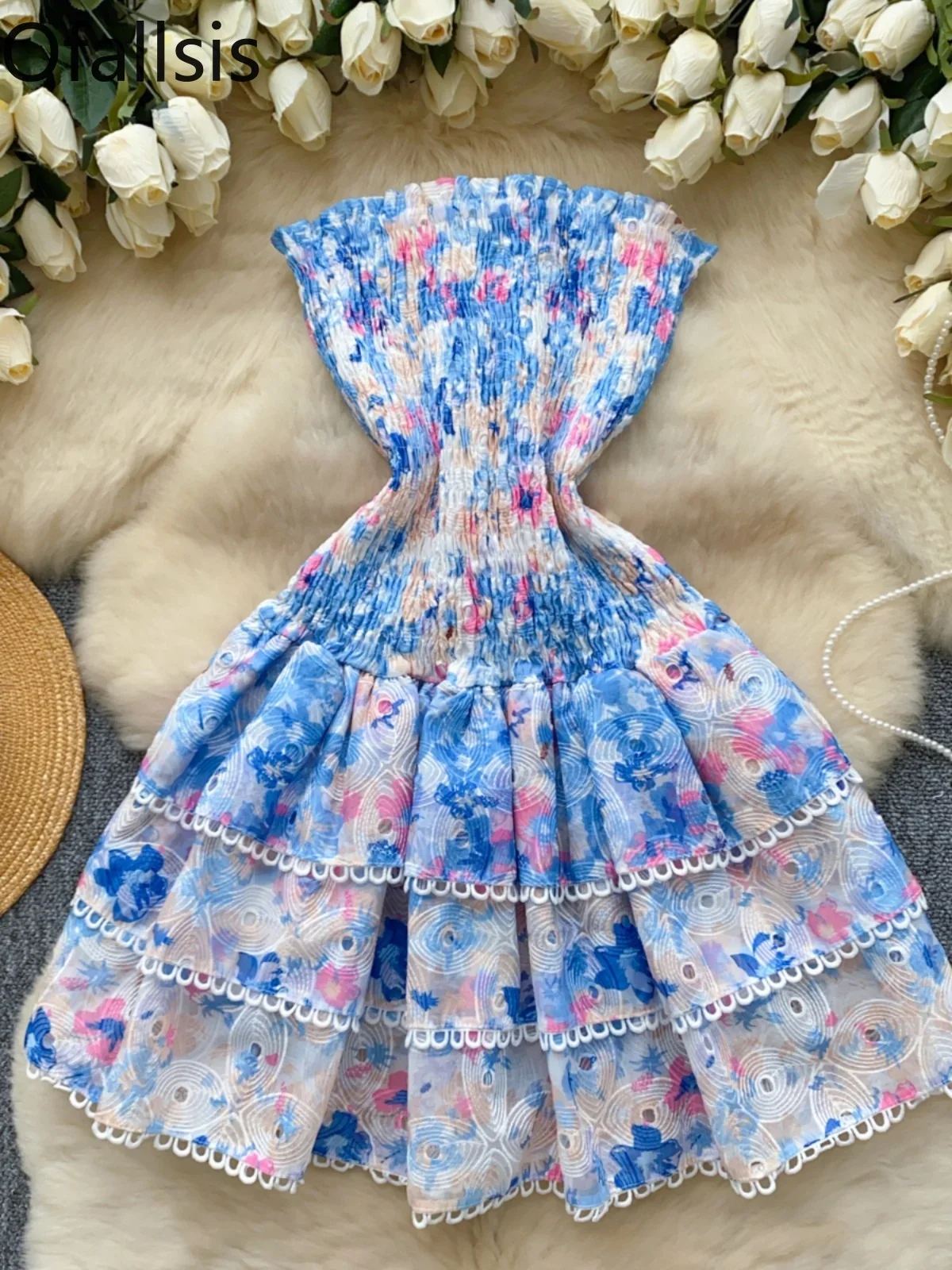 Ofallsis Strapless High end Sleeveless Elastic Waist Birthday Party Dress 2024 Summer Slimming Hollow Embroidery Puffy Dresses