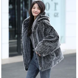 Silver Fox Fur Jacket Women Thick Warm Winter Hooded Fluffy Jacket Faux Fox Fur Coat Zip Pockets Furry шуба искусственный мех