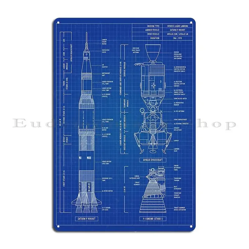 Saturn V Apollo Crewed Lunar Expedition Blueprint Vertical Metal Plaque Poster Customized Vintage Wall Club Tin Sign Poster