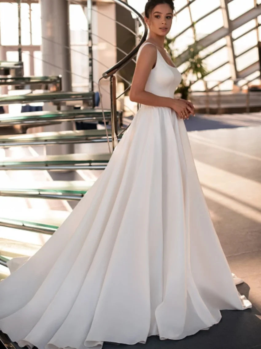 Satin Square-Collar Bride Gowns Floor-Length Sleeveless Robe Backless Sexy Vestidos De Novia Simple Modern Wedding Dresses