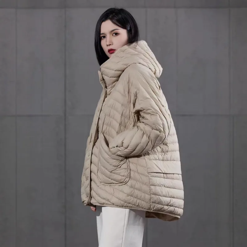 الملابس النسائية أسفل سترة الخريف الشتاء أسفل معاطف دافئة الكورية فضفاضة حجم كبير ملابس خارجية خفيفة الوزن متعددة الاستخدامات مقنعين عادية