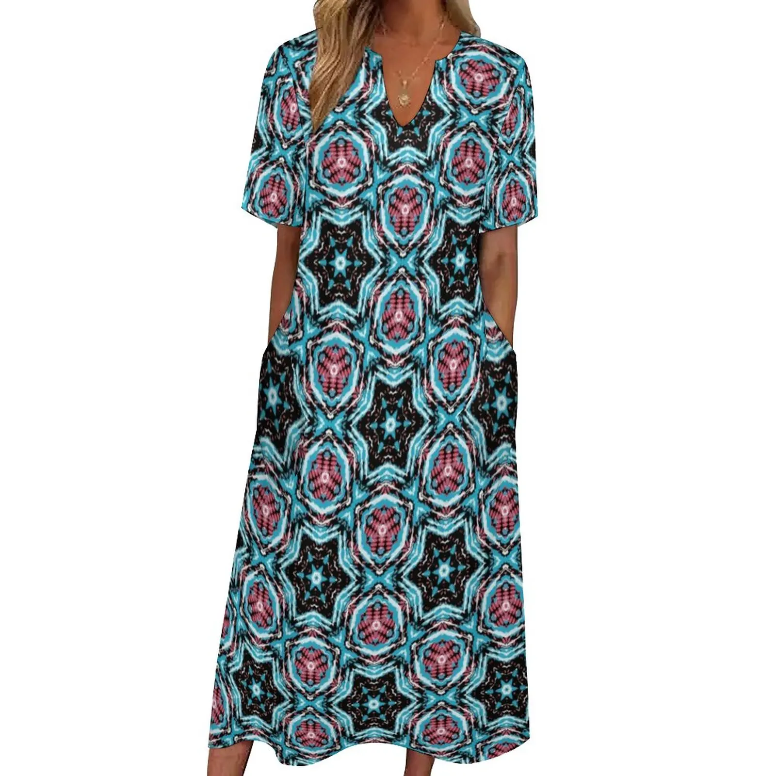 Robe Longue de Plage à Manches Courtes, Design Floral Hippy, Imprimé Moderne, Kawaii, Maxi, Esthétique Boho, Été, Personnalisée, Éducative