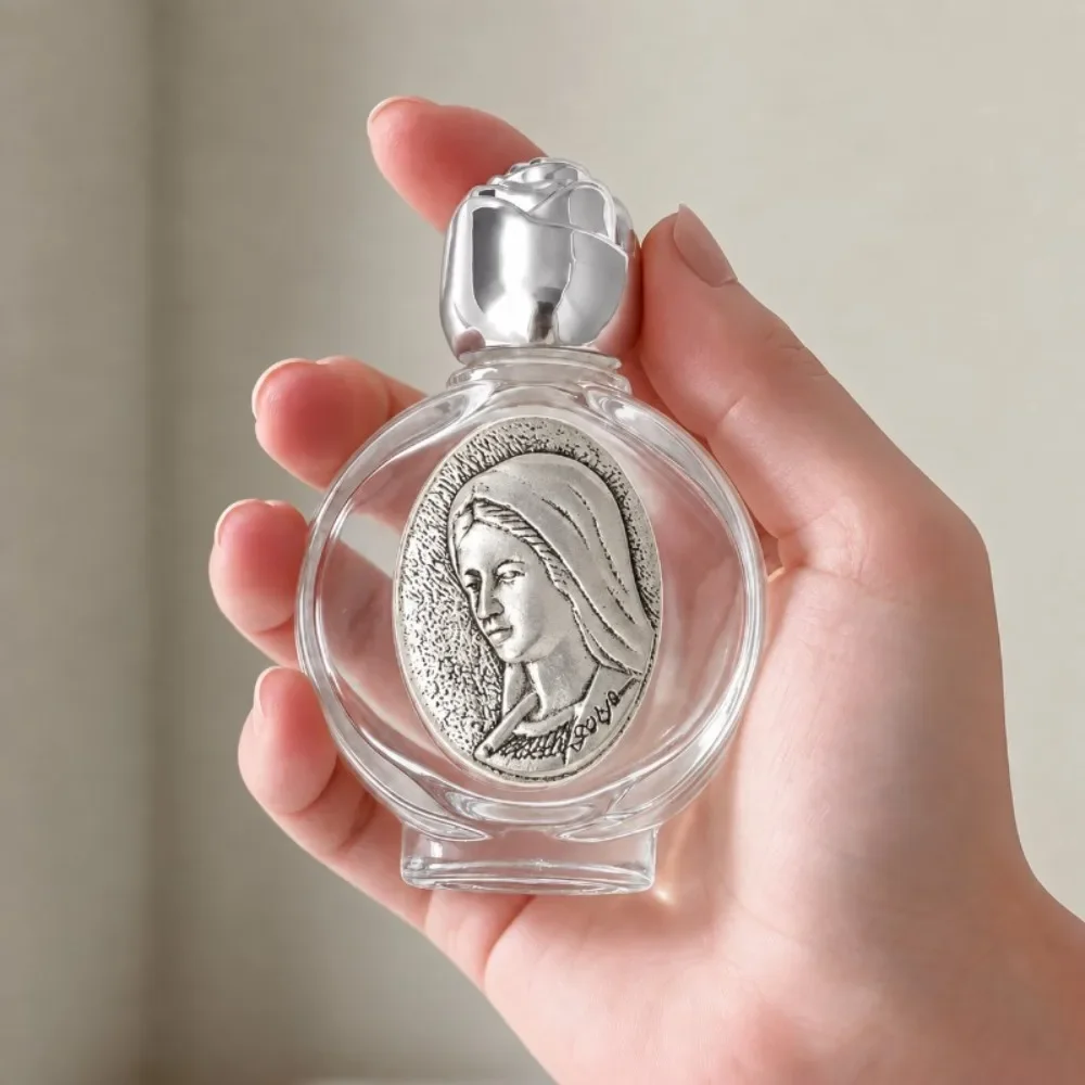 2-12 pièces, bouteille en verre pour eau bénite avec image de la Vierge Marie, couvercle en argent avec motif de rose en relief, flacon pour eau bénite, bouteille de rangement religieuse, cadeau.