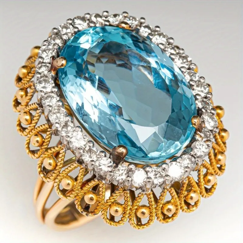 

Изысканное женское кольцо с инкрустацией белыми и морскими синими фианитами, серебристого цвета, с ручной резьбой, ажурное, для повседневной носки, вечеринок, ювелирное украшение, подарок на годовщину