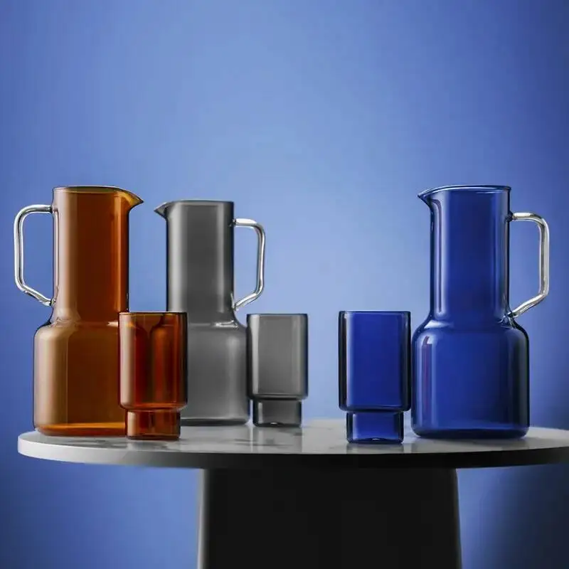 2022 Geometric Art Cold Water Jug And Cups Set Heat Resistant Glass Home Juice Pitcher With Handle High Capacity Lemonade Kettle