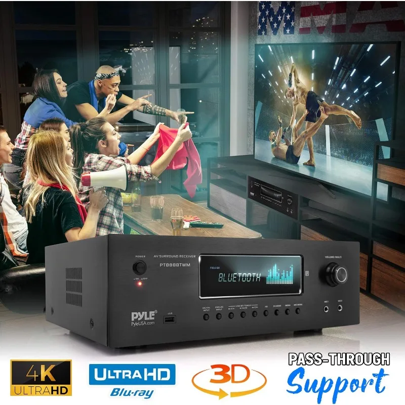 1000W Bluetooth Home 2 UHF Microfone Sem Fio Suporte de Passagem de Vídeo, MP3/USB/HDMI/AM/Rádio FM - Pyle PT888BTWM, Preto