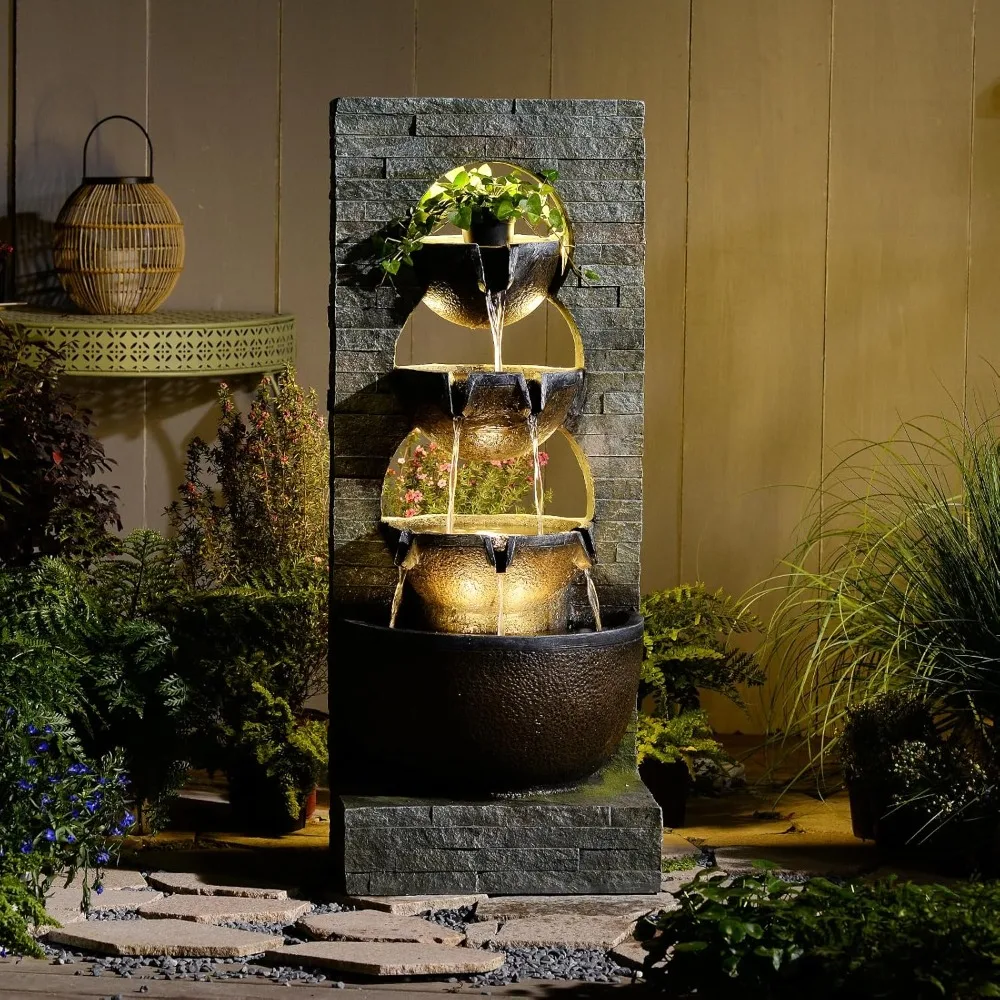 

43-дюймовый фонтан для воды в открытом воздухе в саду - большой водопад, многоуровневый отдельно стоящий каскадный фонтанчик со светодиодными полосками для патио Backy