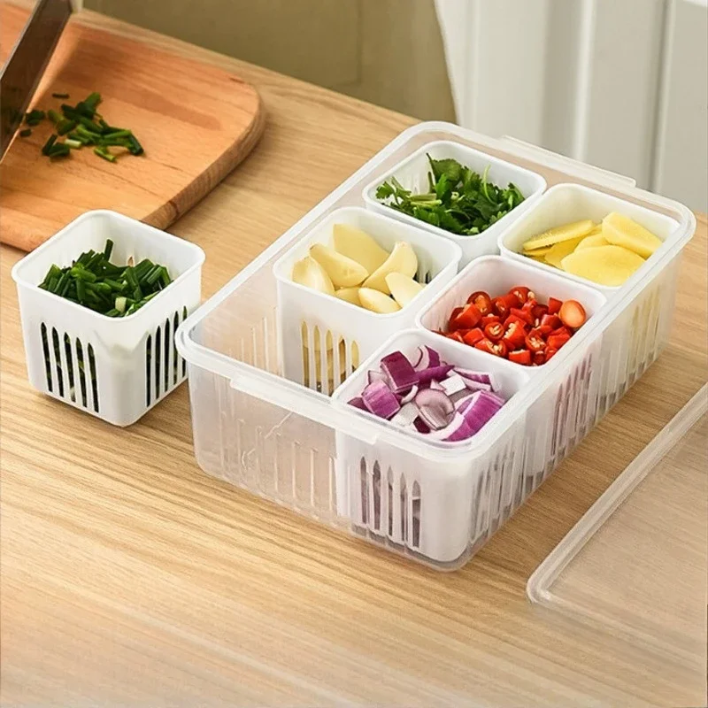 

Adjustable 4/6 Compartment Fridge Storage Box Fresh Keep Container With Lid for Veggies Ginger Garlic Onion Removable Dividers