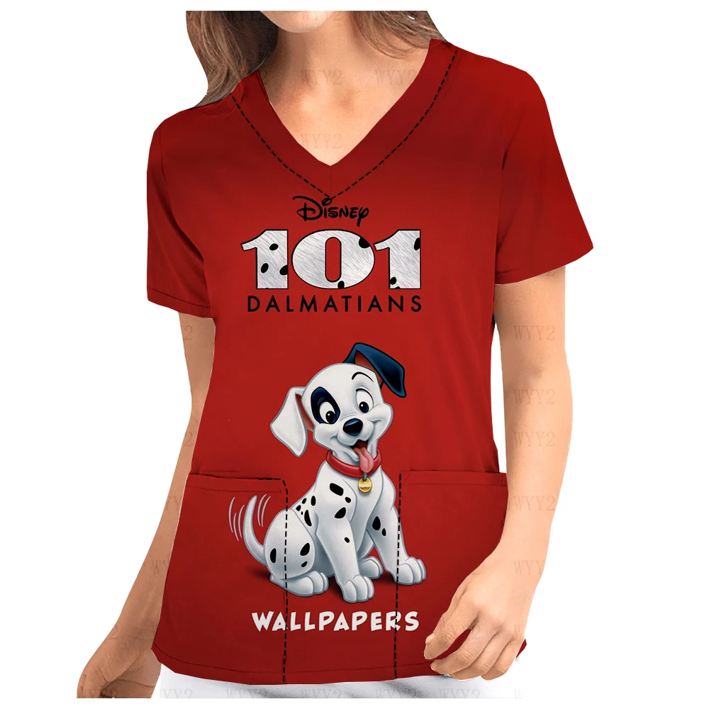 2025 New Disney Series Printed Dog Pattern Childlike Women's Hospital Nursing Home Flower Shop V-neck Printed Frosted Top