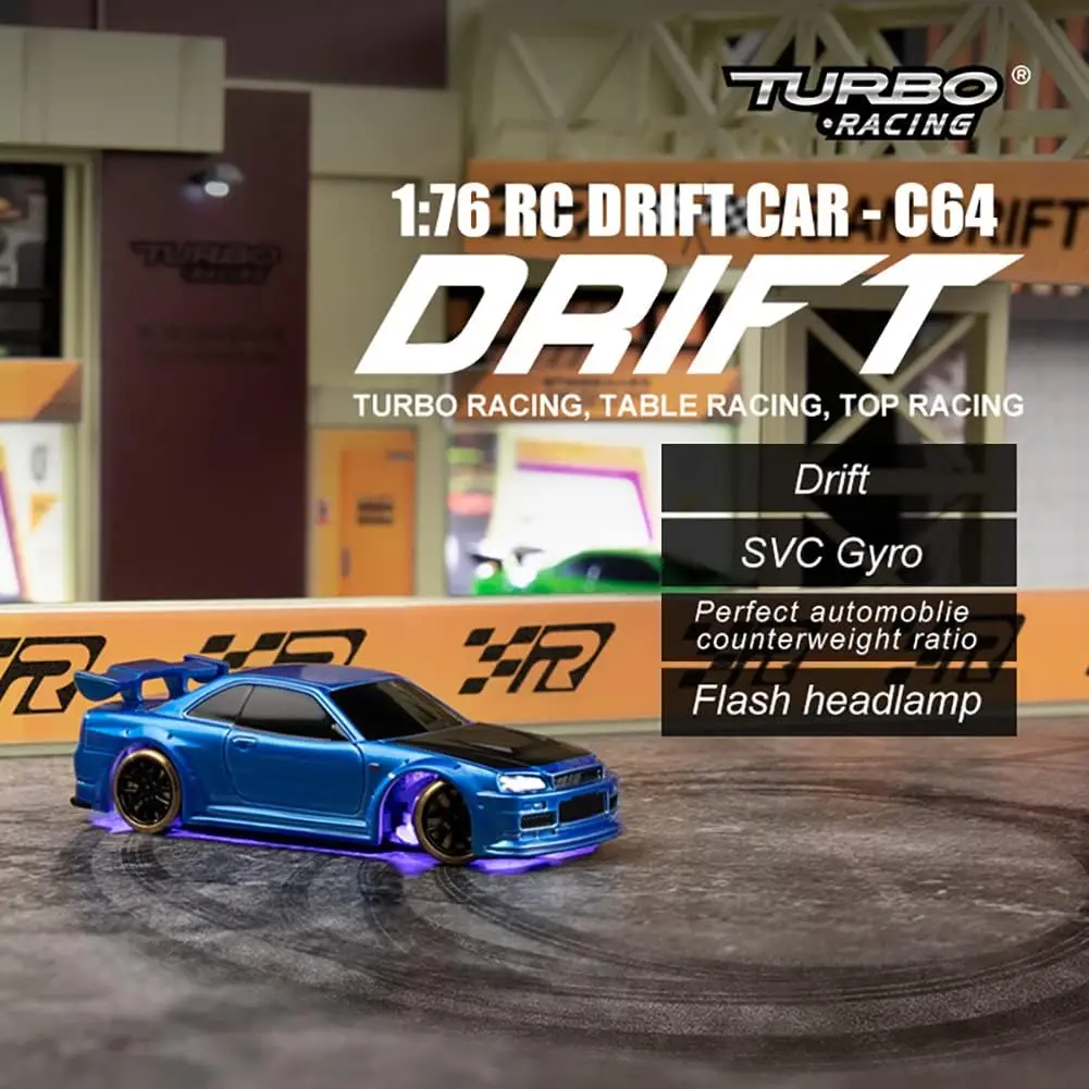 Turbo Racing C64 1:76 RC Drift Car, Full Proportional RTR (Blue) | SVC Gyro, LED Brake & Headlights, 30-min Playtime, Type-C Cha