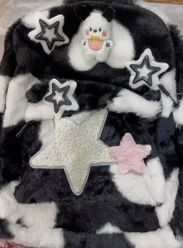 Zaino giapponese Kawaii carino soffice stella cartone animato colore a contrasto peluche cane donna zainetto Y2k zaini estetici ad alta capacità