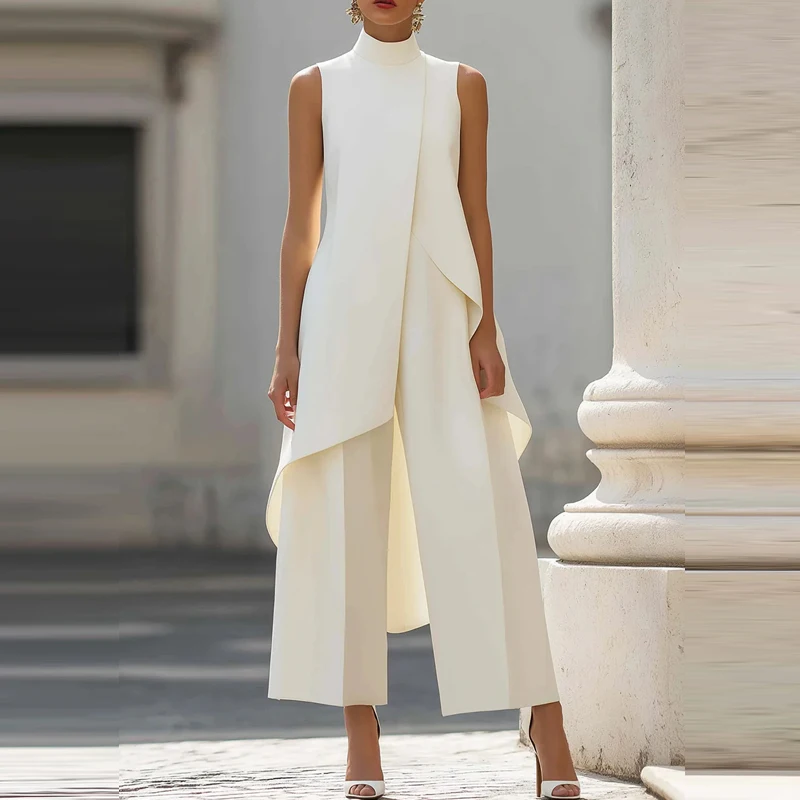 

Elegant Stand Collar Top & Long Pant Women Suit Women Fashion Commute Irregular Solid Outfits Casual Hight Waist Loose 2Pc Sets