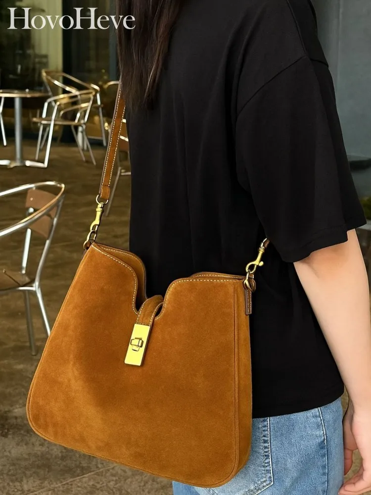 

Designer Versatile Women Retro Buckle Cow Suede Leather Shoulder Bag Casual Ladies Elegant Fashion Bucket Crossbody Underarm Bag