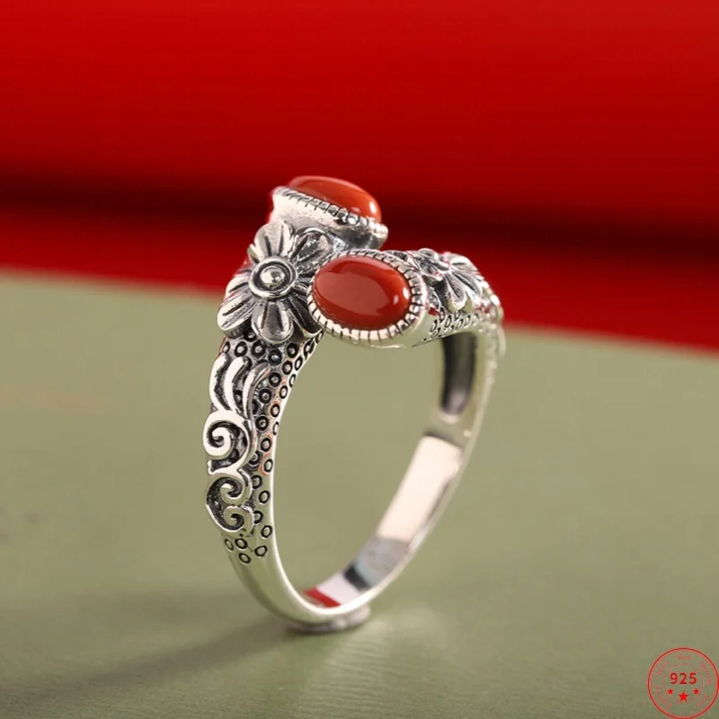 

S925 Sterling Silver Charms Rings for Women Emboss Retro 3D Flowers Pattern Inlaid Red Agate New Fashion Punk Jewelry