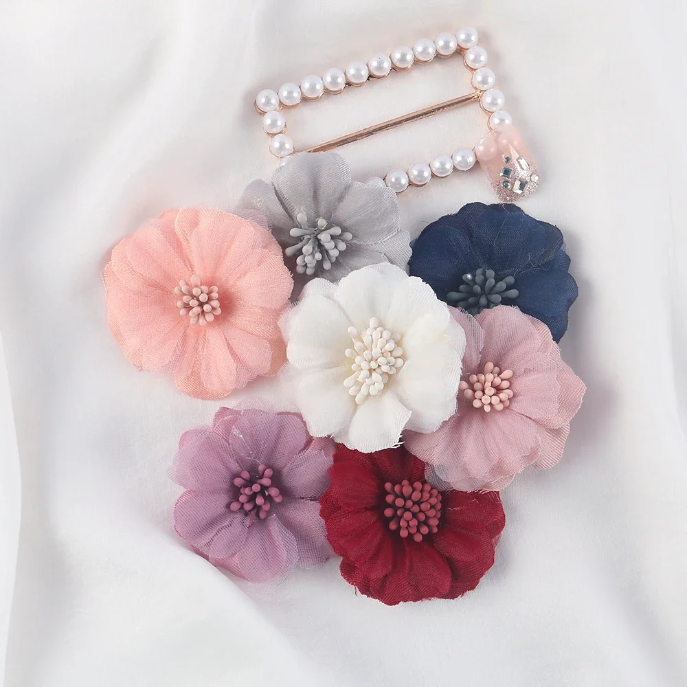 Artificial Flowers Head With Bead Chiffon Fabric Hairpin  Wedding Dress Clothing Making Accessories Silk Flowers