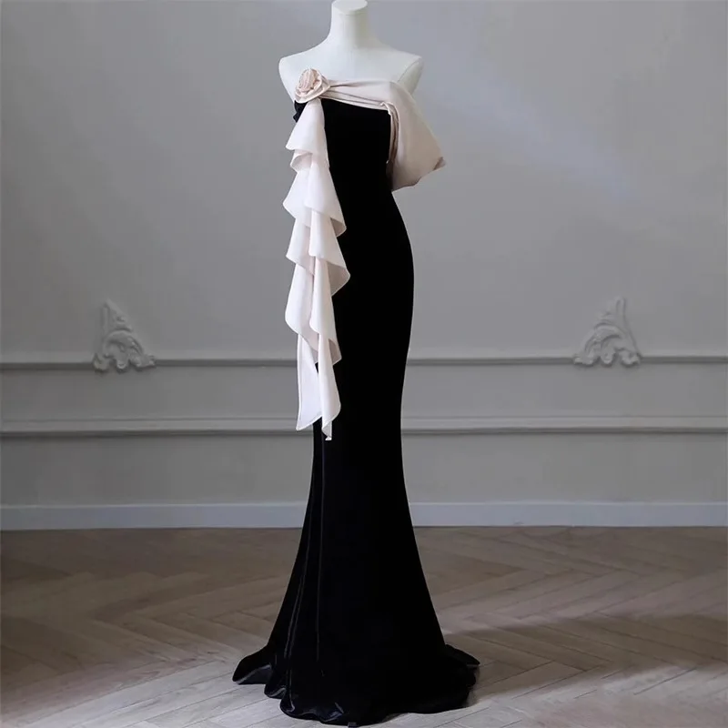 

Black Elegant Strap Evening Dress 2026 New One Shoulder Niche Banquet Host Waist Cinched Fish Tail Dress High Waist Dress