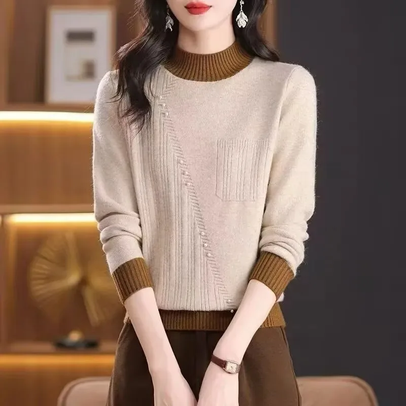 Moda ocidental cor combinando meia gola alta camisola espessada 2025 outono inverno novo topo solto camisola de malha